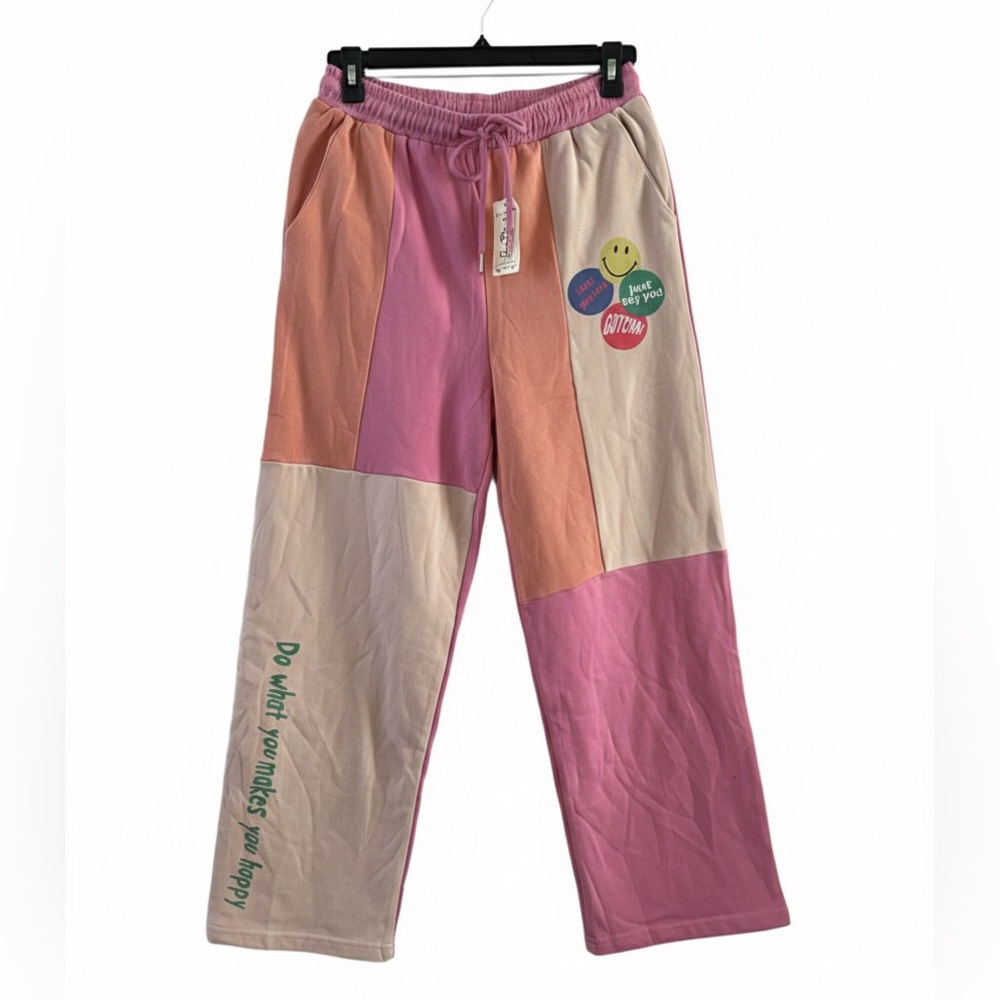 Easel Patchwork Sweatpants Size S Pastel Smiley Face Boho Joggers
